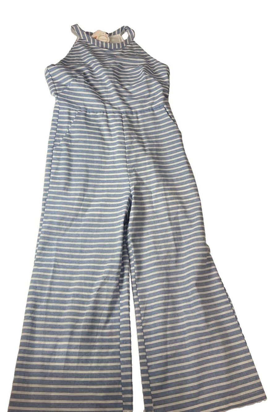 PRETTYGARDEN Women's Blue White Striped Jumpsuit Size M New Halter Wide Leg NWT